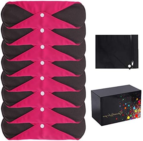MYSWEETY 8 Pack Reusable Cloth Sanitary Towels with Bamboo Charcoal | Washable and Waterproof Menstrual Absorbent Pads for Medium and Heavy Periods | Includes Wet/Dry Storage Bag(Rose Red)