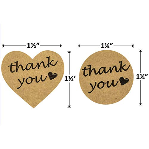 Thank You Stickers, 1000 pcs Kraft Heart Shape and Round Adhesive Labels Sticker for Gift, Wedding, Party, Thank You Card, Sealing Tissue Paper,Bridal Shower