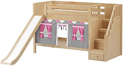 Maxtrix Solid Hardwood Twin/Twin Low Bunk Bed with Storage Staircase Entry, Slide, and Low Bunk Curtains, Natural Finish, Pink, White, and Gray Fabric