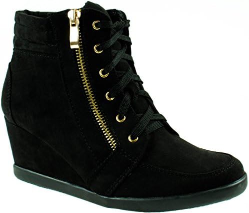 Forever Women's Peggy-56 Lace Up Fashion Sneakers With Hidden Wedge Heel,Black,8.5
