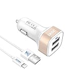 iXCC 24W 2.4A Dual Port Universal USB Car Charger High Speed Charging with 3-Feet MFi Certified Lightning Cable for iPhone 7 / 6s / Plus, iPad Pro / Air 2 / mini and More - Luxury Gold