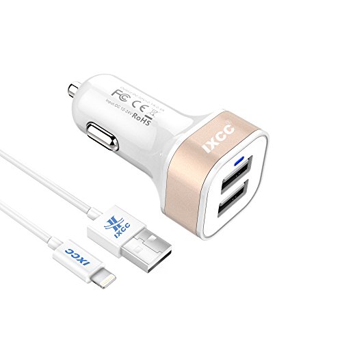 iXCC 24W 2.4A Dual Port Universal USB Car Charger High Speed Charging with 3-Feet MFi Certified Lightning Cable for iPhone 7 / 6s / Plus, iPad Pro / Air 2 / mini and More - Luxury Gold
