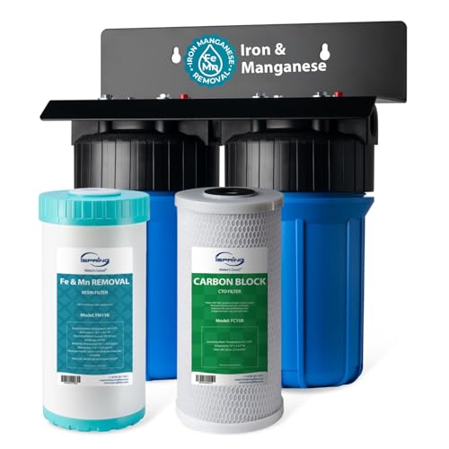iSpring WGB21BM Sistema de Filtración de Agua para Toda la Casa de 2 Etapas, Filtros de Bloque de Carbón y Reducción de Hierro y Manganeso de 10” x 4.5”, Puertos de 1"