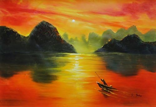 100% Hand Painted Oil Painting on Canvas Wall Art, Small Boat At Amazing Red Sunset Oil Painting