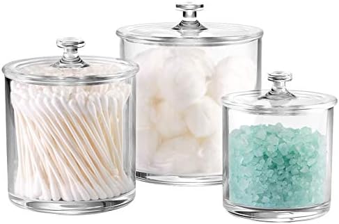 Amazon Com Premium Quality Acrylic Qtip Holder Apothecary Jars Bathroom Vanity Organizer Canister For Qtips Cotton Swabs Cotton Balls Cosmetic Pads Flossers Nail Polish Bath Salts Clear Plastic 3 Pack Home Kitchen