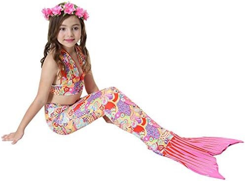 Vamelia 3PCS Girls Mermaid Tail for Swimming Tropical Bikini Set Costume Swimwear, Flower 130