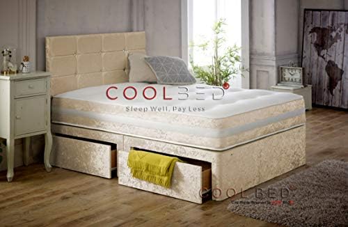CRUSHED VELVET DIVAN BED 3FT SINGLE WITH MATTRESS AND HEADBOARD (CREAM, 3FT O DRAWERS)