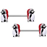 Body Candy Steel Clear Accent Christmas Santa Penguin Barbell Nipple Ring Set of 2 14 Gauge 9/16