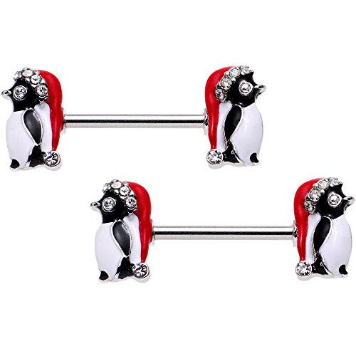 Body Candy Steel Clear Accent Christmas Santa Penguin Barbell Nipple Ring Set of 2 14 Gauge 9/16