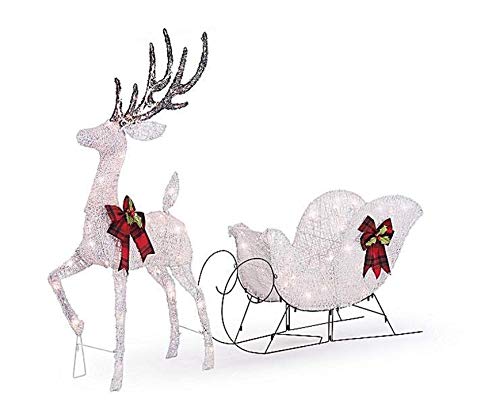 60" Cool White Splendor Lighted Reindeer Sleigh Display Outdoor Christmas Decoration Seasonal Winter Holiday Yard Art Sculptures (Renewed)