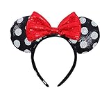 WLFY Mickey Mouse Minnie Mouse Sequin Ears Headbands Butterfly Glitter Hairband Girls Party Supplies (White dot black red bow)