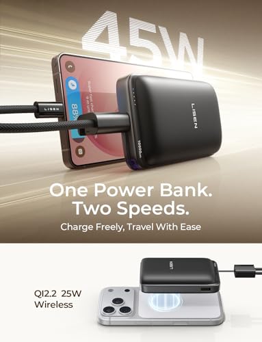 LISEN Qi2.2 Power Bank for MagSafe, 10000mAh Magnetic Wireless Portable Charger Wireless USB-C Fast Charging, Detachable Cable, Compact Battery Pack for iPhone 17/16/15(Deep Black)
