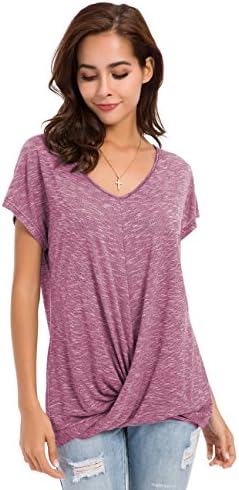 MOQUEEN Womens Short Sleeve Twist Knot Loose Fitting V Neck T Shirt, Wine Red, Medium/US 8