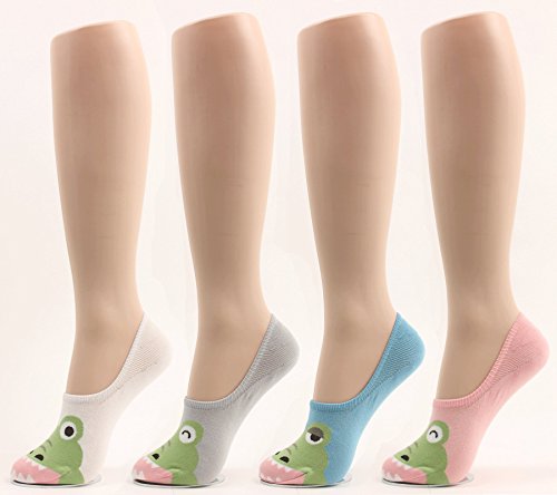 WOWFOOT Women Animal Design No-Show Casual Liner Socks Character Print Non Slip Flat Boat 4 Pair (4pair-lovely crocodile) - Thumbnail 4