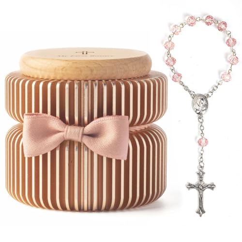 Catholic Baptism Gift Set My First Rosary & Aluminum Alloy Keepsake Box, Catholic Baptism Gifts for Baby Girl or Dedication Baptism Gifts for Girl or Kids (Pink Gold)