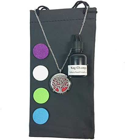 Tree of Life - Aromatherapy Essential Oil Diffuser Necklace Locket Pendant with 5 Colorful Pads + 23" Chain - Surgical Stainless Steel Jewelry Gift Set with Sahara Sun oil (Nag Champa)