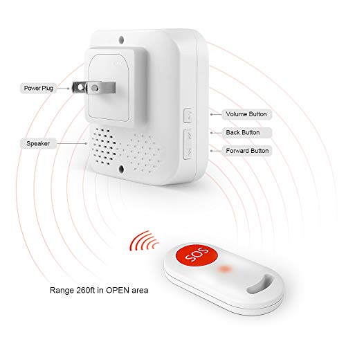 Wireless Caregiver Button Caregiver Pager with IP55 Waterproof SOS Call Button for Caregiver Alert System 52 Melodies with Wireless Range 260ft (3 SOS Buttons+2 Receivers) Neck Strap Included