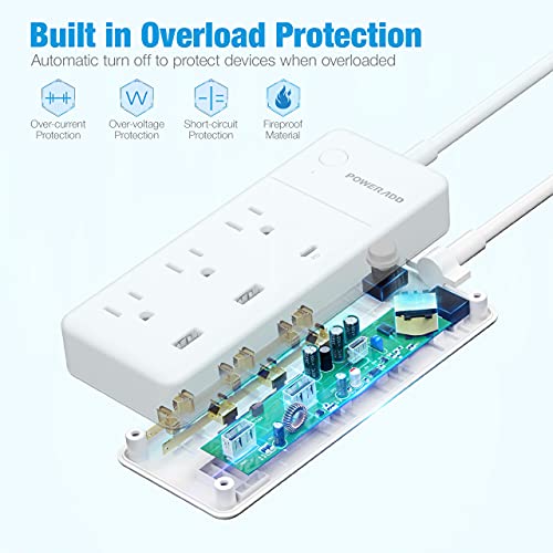 UPoweradd Power Strip with USB C PD 20W for iPhone 12, 3 AC & 3 USB(30W), Overload Protection, 6ft Extension Cord Flat Plug for Cruise Travel, Home & Office - White