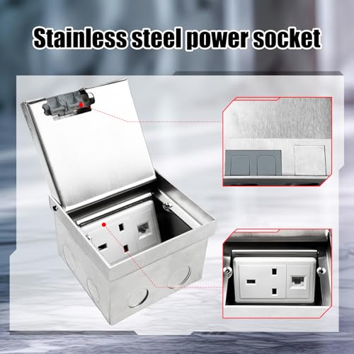 AC 250V Embedded Socket Box, Stainless Steel Hidden 3 Holes Floor Outlet with Computer Network Cable Jack, Concealed Socket Recessed Floor Electrical Outlet Box Kit for Conference Room Countertop
