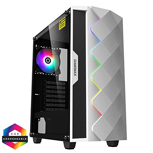 GameMax White Diamond ARGB Mid-Tower PC Gaming Case, ATX, 3 Pin AURA Male & Female Connectors, Built In ARGB LED Strip, 1 x 120mm ARGB Fan Included, Water-Cooling Ready | White