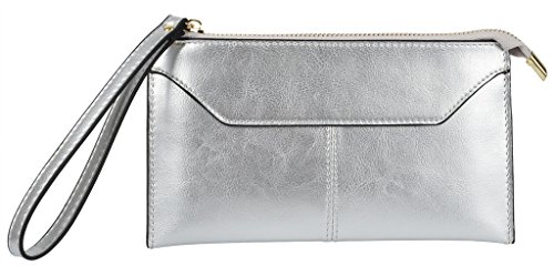 YALUXE Women's Large Genuine Leather Zipper Pocket Purse Clutch Wallet with Wrist Strap Fit Iphone7s Plus Silver-Tone