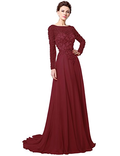 Anmor Chiffon Mother Of The Bride Groom Formal Wedding Dresses Long Sleeves Party Evening Gown Burgundy US12 - Thumbnail 6