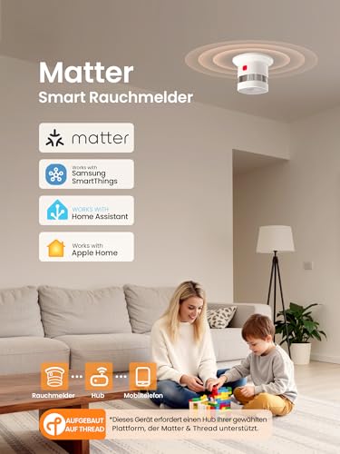 Heiman Smoke Detector Matter Over Thread with Magnetic Attachment, 5 Year Changeable Battery, EN 14604, 85 dB, for Apple Home, SmartThings & Home Assistant, Hub Required, HS1SA-M