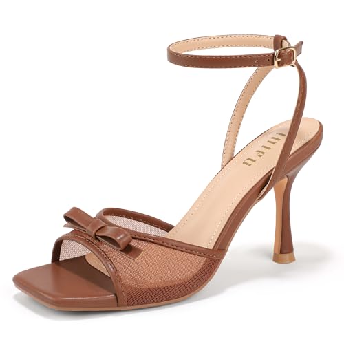 IDIFU Brown Kitten Heels Square Toe Mesh Bow Heels 7.5 at Amazon