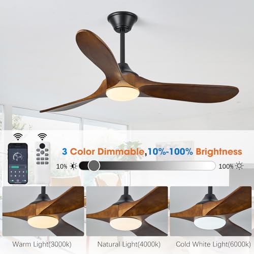 KUNYWOOE 52“ Ceiling Fan with Lights and Remote, App Control, 3 Solid Wood Fan Blades, Dimmable LED, 6 Fan Speeds Reversible for Bedrooms, Living Room, Outdoor Ceiling Fan for Patios (Walnut)