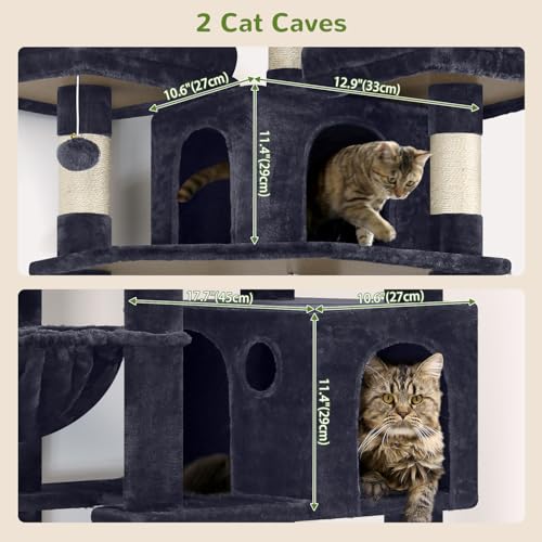 Globlazer XXL Cat Tree 209 cm with 3 Padded Perches, 2 Kennels, Large Platforms, 2 Baskets, Plush Toys, Huge, Stable Cat Trees for 3-5 Cats Indoor (F82, Dark Grey)