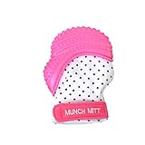Munch Mitt Teething Mitten is Teether That Stays on Baby's Hand for Self-Soothing Pain Relief with Hygienic Travel / Laundry Bag, Pink Shimmer