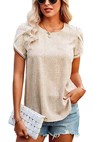 Angashion Women's Tops Casual Floral Print Lace Crochet Short Sleeve Crewneck Summer Loose Blouse Shirt Tunic Top Light Yellow M at Amazon