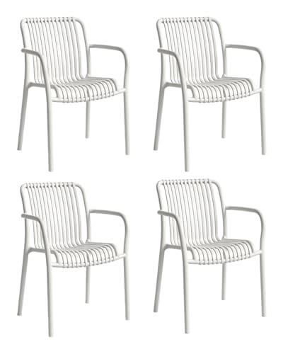 HariNorgen Set of 4 Outdoor Indoor Dining Chairs, Heavy Duty Stackable Patio Seating,Weatherproof & UV Resistant Plastic Armchairs for Garden,Balcony and Terrace, Pre-Assembled, White