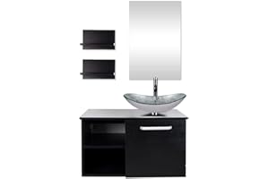 Puluomis 28-Inch Bathroom Vanity, Modern Lavatory Wall Mounted Wood Cabinet with Mirror, Wood Black Fixture, Boat Silver Tempered Glass Sink Top with Single Faucet Hole