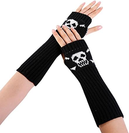 Women Winter Wrist Skull Arm Warmer Knitted Keyboard Long Fingerless Mitten Gloves