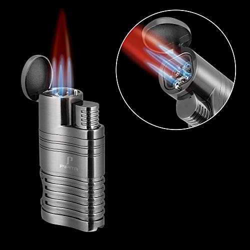 PIPITA Windproof Cigar Lighter Torch Quad 4 Jet Red Flame RefillableButane Gas Cigar Lighter with Punch Metal Cigarette Lighter (Gunmetal Gray)