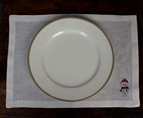 image for 3HLinen Off-white Holiday Linen Placemat Set with Chinese Zodiac Pig P
