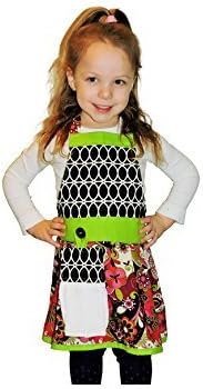 Apron by The Bedford Life: Kids / Girls S M L (Age 2-13 ) Black with white swirl pattern with pink, green floral (Style: Jackie) 100% Cotton: Mommy &amp; Daughter available