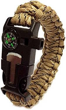 Multi-functional Outdoor Survival Paracord Bracelet Compass + Flint + Survival Whistle + Cut Rope Knife 14 IN 1 Survive Bracelet Best Field Survival Equipment (Desert Camouflage)