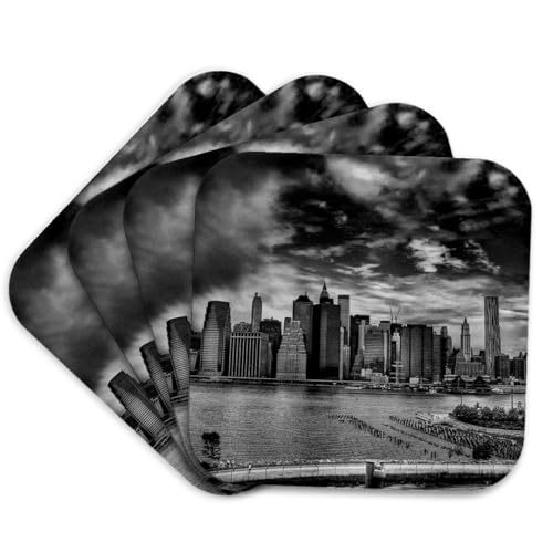3dRose cst_98356_1 NY, Black-White, East River, Skyline-Soft Coasters, Set of 4
