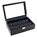 Caddy Bay Collection Black Carbon Fiber Pattern Watch Box Display Storage Case with Glass Top, Red Stitch Perforated Soft Pillows Holds 10 Watches - Red Stitching
