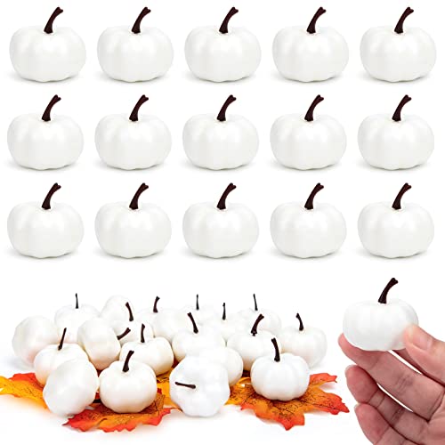 HAKACC Artificial Pumpkins, 48 PCS White Fake Pumpkins Lifelike Faux Pumpkins Mini Pumpkins with Maple Leaves for DIY Crafts Halloween Thanksgiving Fillers