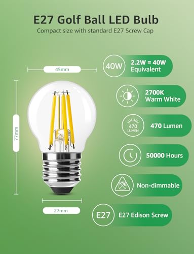 Lepro E27 Golf Ball Bulb, A-Rated Ultra-efficient LED Bulb, 2.2W = 40W, 470lm, Warm White 2700K, 50000H Lifespan, Edison Screw ES, Clear Filament, Non-dimmable, Pack of 2