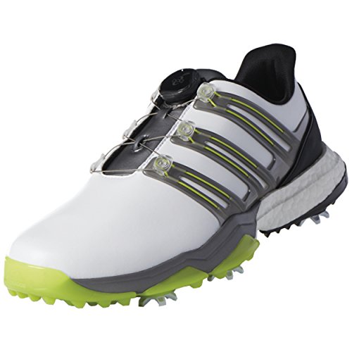adidas Powerband BOA Boost Golf Shoes,White/Iron Metallic/Solar Slime,11 M US