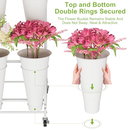 Flower Stand, 3 Tier Flower Display Stand with 12 Buckets, Upgrade Double Circle No Shaking, Outdoor Flower Cart with Wheels for Home, Patio, Garden, Shop, Wedding, Party, Exhibition, Indoor, White (White)