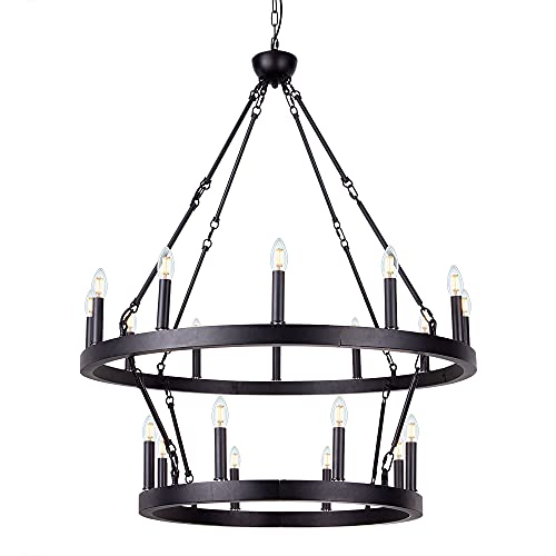 Wellmet Black Wagon Wheel Chandelier 2 Tier, Large Farmhouse Round