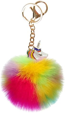 YORY Rainbow Metal Unicorn pom poms Fur Keychain YORY Rainbow Metal Unicorn pom poms Fur Keychain Bag Purse Charm Accessories