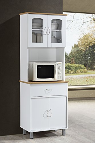 Hodedah Long Standing Kitchen Cabinet with Top & Bottom Enclosed Cabinet Space, One Drawer, Large Open Space for Microwave, White