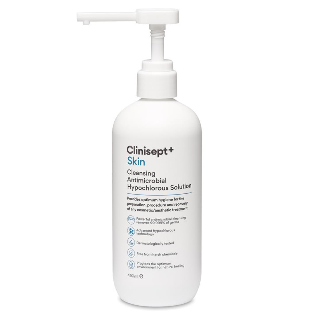 Clinisept Skin 490ml - High-Purity Hypochlorous Acid Skin Cleanser with Pump - Professional In-Clinic Skin Prep Solution for Pre and Post-Treatment Hygiene - Alcohol-Free for Sensitive Skin Care