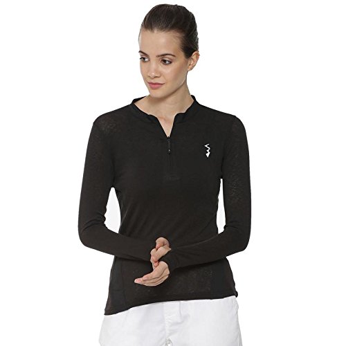 campus sutra solid women mandarin collar black sports jersey